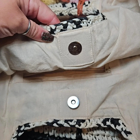 Billabong Talk to The Palm Black Striped Pompom Woven Tote Boho Beach Bag - Picture 9 of 13